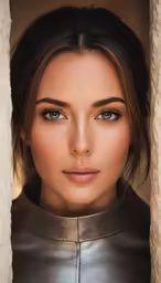 a woman in a helmet and armor stares out of a curtain