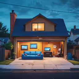 an evening view of the back yard of a home with couch, table and grill