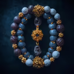 a number of beads in a wreath decorated with gold