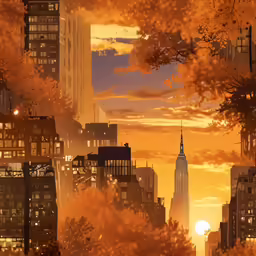 a cartoon view of buildings in the sky