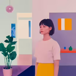 a woman stands in front of a green plant
