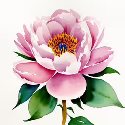 watercolor painting of pink flower with green leaves,watercolor painting of flower on white paper with green leaves