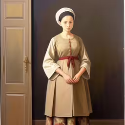 a painting of a woman wearing a beige dress