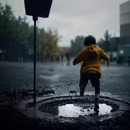 a child plays in the rain at a city intersection