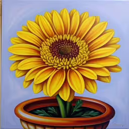 a painting of a yellow flower in a pot,painting of yellow flower in a pot painted on canvas