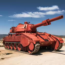 a red tank on the ground with blue sky in the background