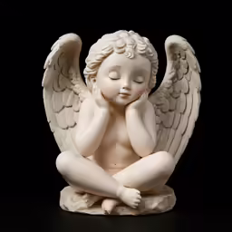 an angel statue sits and prays on the ground