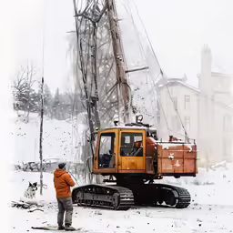 a yellow crane is next to a man in winter clothes