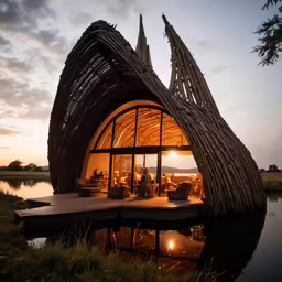 a small house on a lake with some water around it