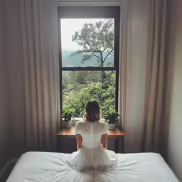 there is a woman that is sitting on a bed