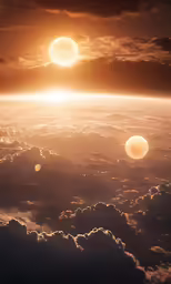 two sun like objects shining high in the sky