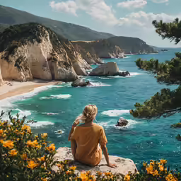 a person sitting on rocks overlooking the beach