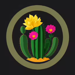 a colorful picture of a cactus and flowers,a picture of a cactus with some flowers in the center