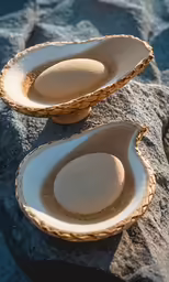 a couple of small white plates sitting on a rock
