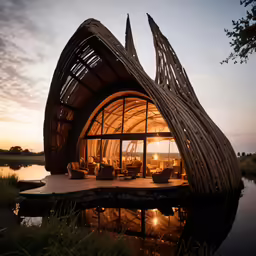 a boathouse with open roof on the shore