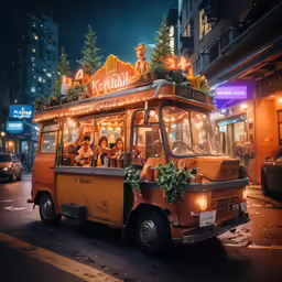 an old yellow trolley on the street with people inside