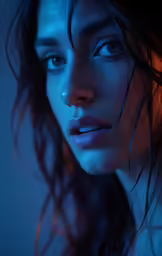 a woman in the water with her hair blowing up