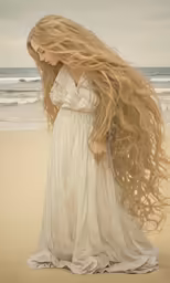 a woman standing on a sandy beach holding her hair