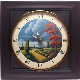 a clock with a painting of a country scene on it,a large clock painted with a painting on it