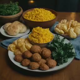a number of plates on a table full of food