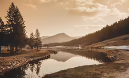 a peaceful scene with a mountain lake in the foreground
