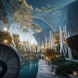 a series of surreally designed buildings on display