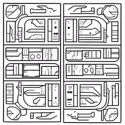 a map of a room in the shape of a library,a black and white diagram of the city street,a black and white diagram of the layout of an object with multiple sections to different rooms,an image of a map that shows various spaces in the building,a bookcase with shelves and books drawn on it