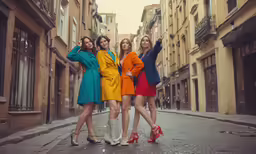 three beautiful young women standing in the middle of an alleyway