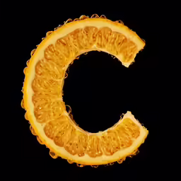 a cut in half orange fruit alphabet with an open end