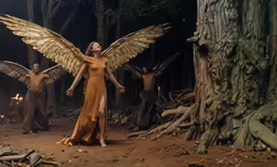 a woman in a yellow dress standing near a forest with many angel wings