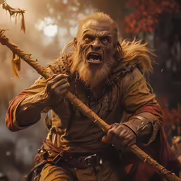a big furry creature carrying a stick in his hands