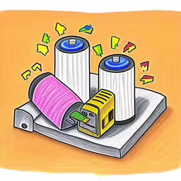 two air filters and one is purple and one has blue,two filters sit on a machine while one is being replaced,a drawing of a paper and some batteries,a drawing of some batteries on a paper,a drawing of an electrical device and two other devices