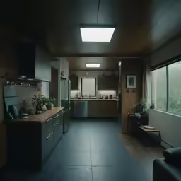 a large open kitchen with wooden floors and wall mounted lights