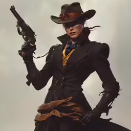a woman with a gun and wearing gloves