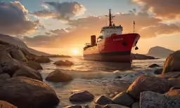 a red and white ship in the water near rocks