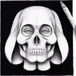 a skull with a hat and long hair