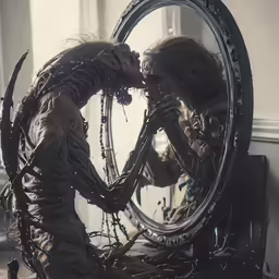 two weird looking figures in front of a mirror