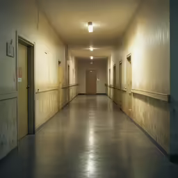 an empty hallway in the building that is dimly lit