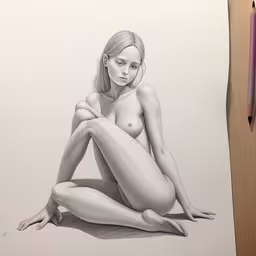 an art nouveauist shows a nude lady sitting,a drawing of a nude woman kneeling down