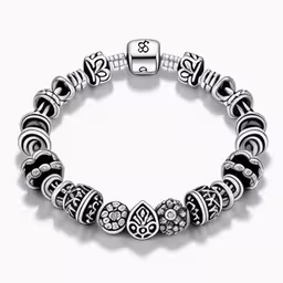 a charm bracelet with silver hearts,an image of a beaded bracelet on a white background