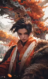 a woman is dressed up in an orange and white outfit