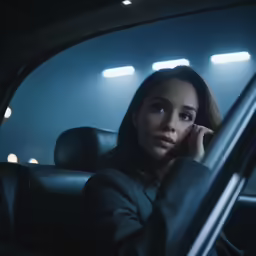 a woman sitting in a car at night in a dark scene