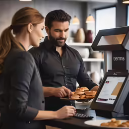 a man and woman are standing at the counter of a donut shop