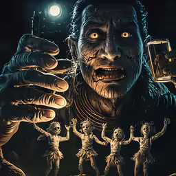 an old creepy man in a costume holding up a cell phone
