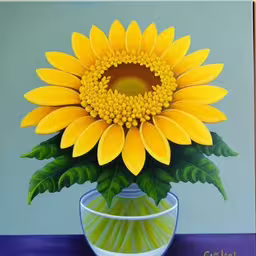 a painting of a large sunflower in a vase,the yellow sunflower is in the clear vase