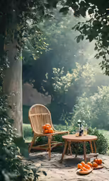 there is a table and chairs outside with bottles and oranges