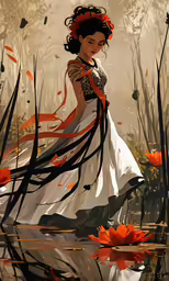 the woman is standing in a pond with orange flowers on her head
