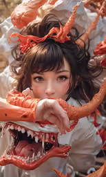 a woman is dressed up and holding a fake bloody animal