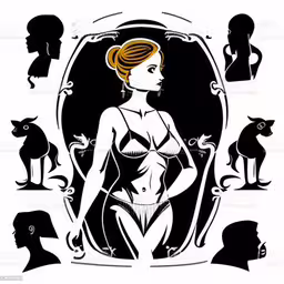 some black and white photos of women with cat,a woman in lingerie with cats and an angel