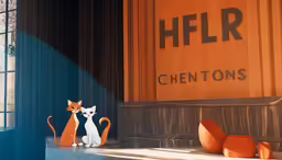 a sculpture of two cats next to an orange building